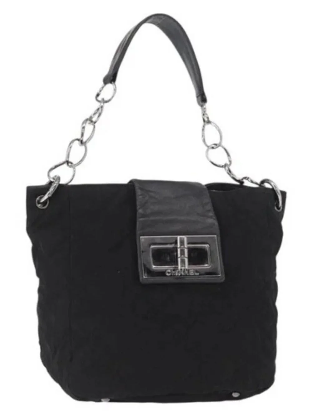 CHANEL Chain 2.55 Shoulder Bag Nylon Black Silver CC Auth 164361